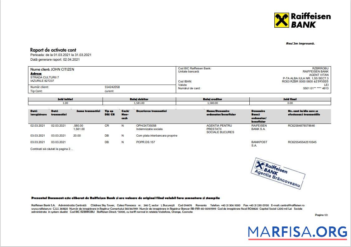 Downloadable Romania Raiffeisen bank statement word sample